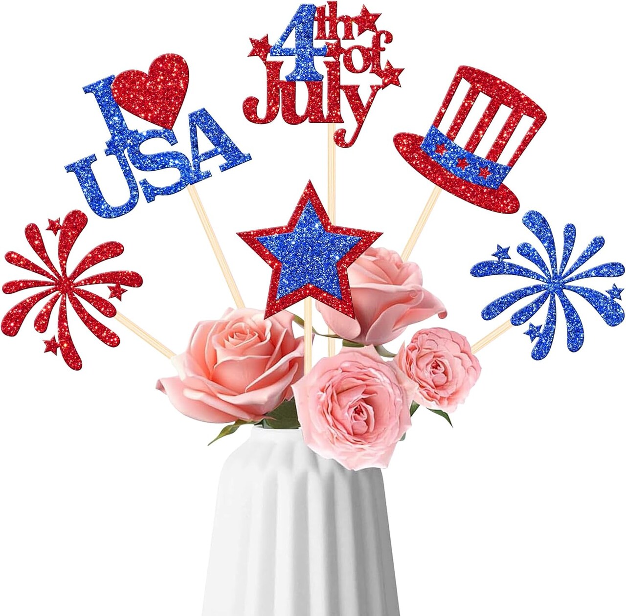 12-Piece 4th of July Centerpiece Sticks – Double-Sided Firework Star USA Patriotic Table Flower Decorations for Independence Day & American Holiday Parties